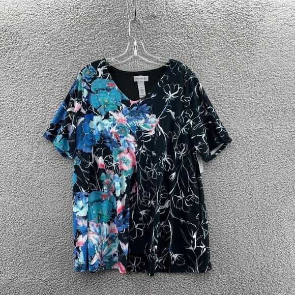Catherines Tops - New Catherines V-Neck Blouse Short Sleeve Womens 0X Black Floral Stretch